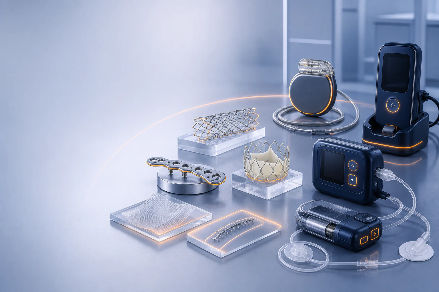 Medical-device manufacturing team working in a controlled clean production environment
