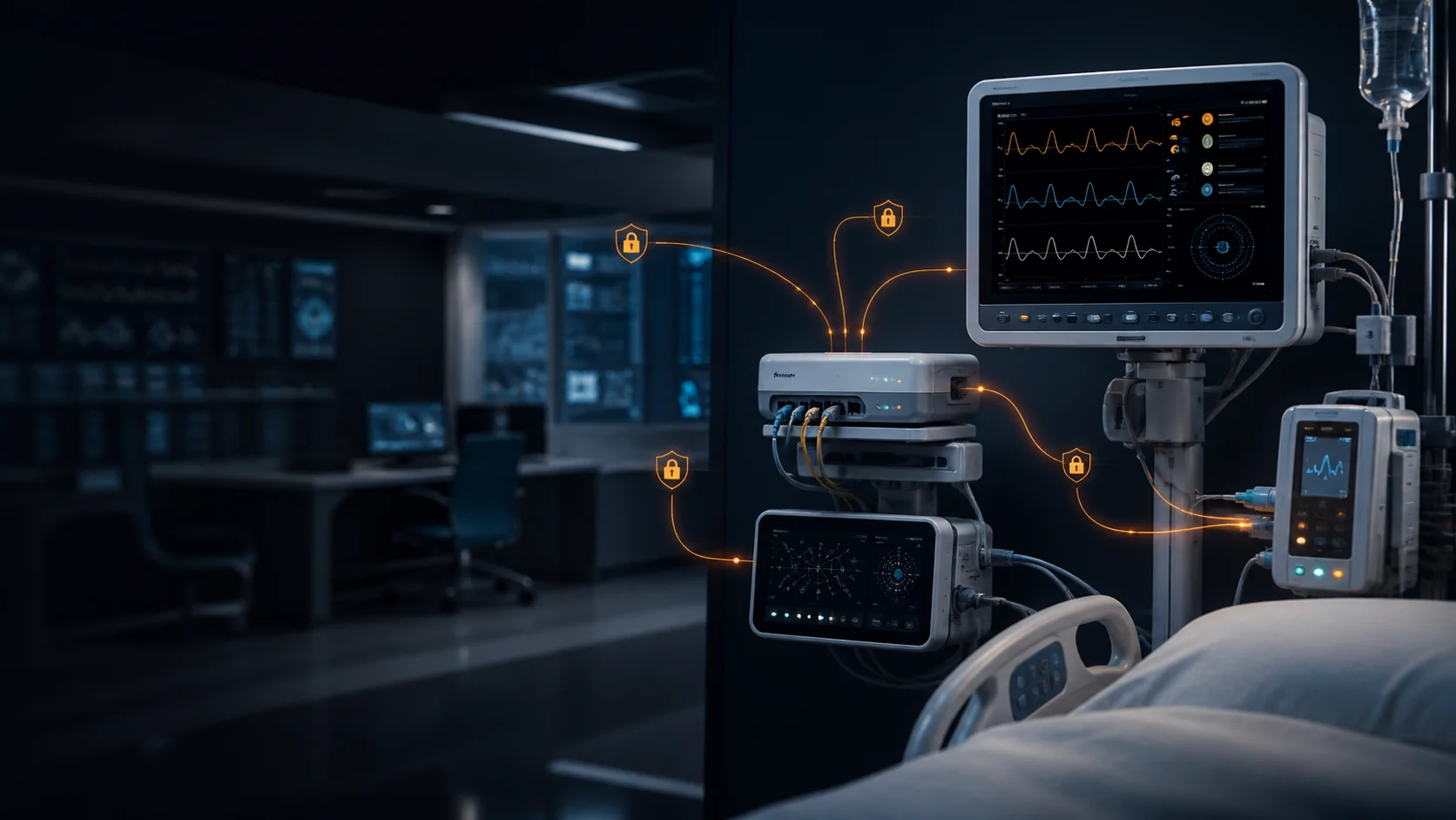 Connected patient monitoring and clinical AI devices with secure orange data-path accents
