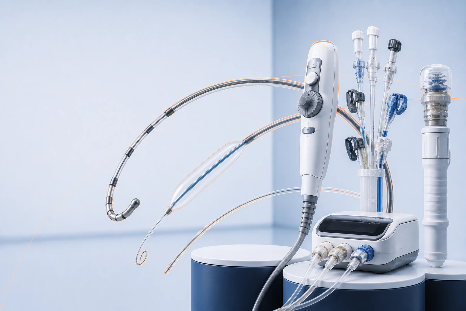 Cardiac catheterization team working in a controlled clinical laboratory