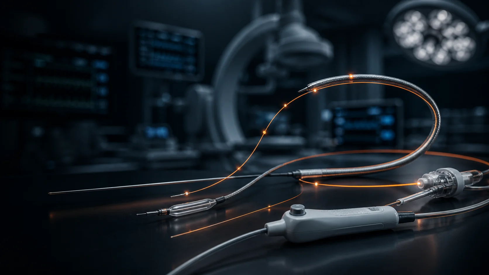 Modern cardiovascular catheters and guidewires with restrained orange technical path accents