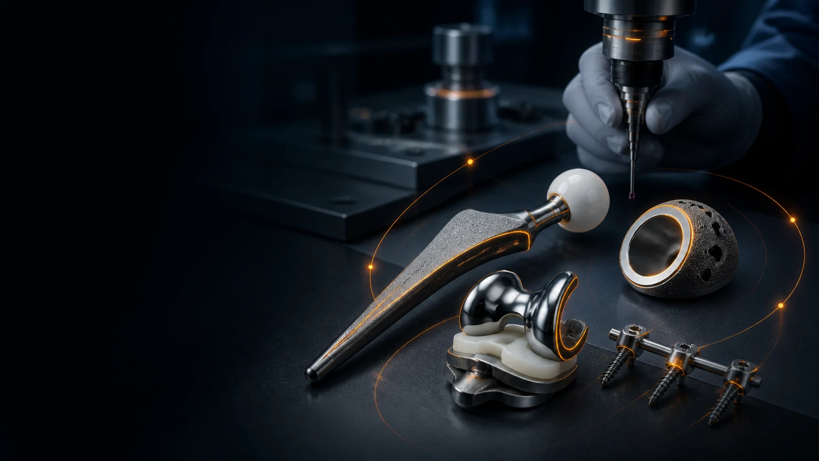 Modern hip, knee and spinal implant components under precision inspection with orange contour accents