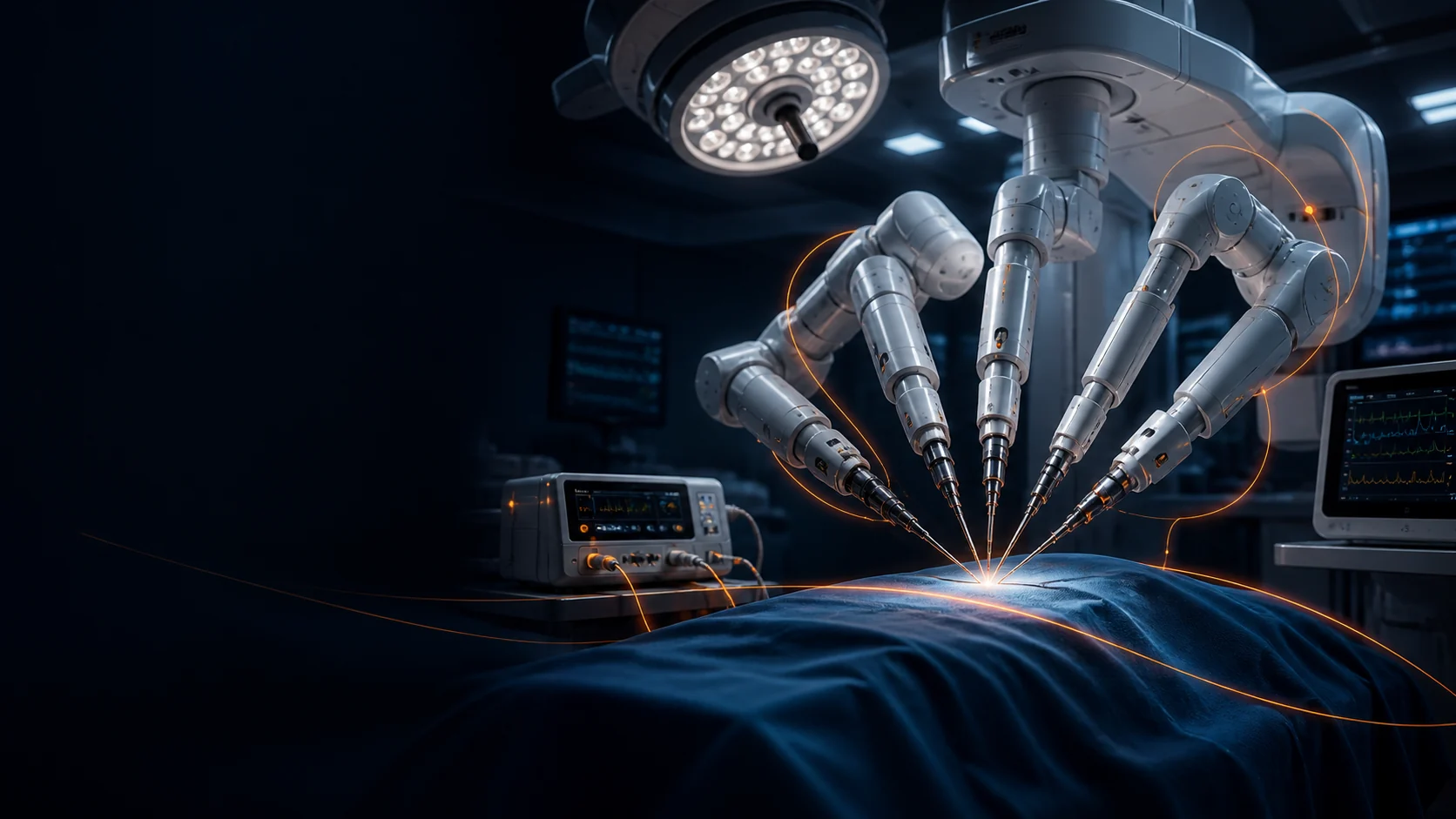 Robotic surgical system in a modern operating theatre with restrained orange technical trace lines