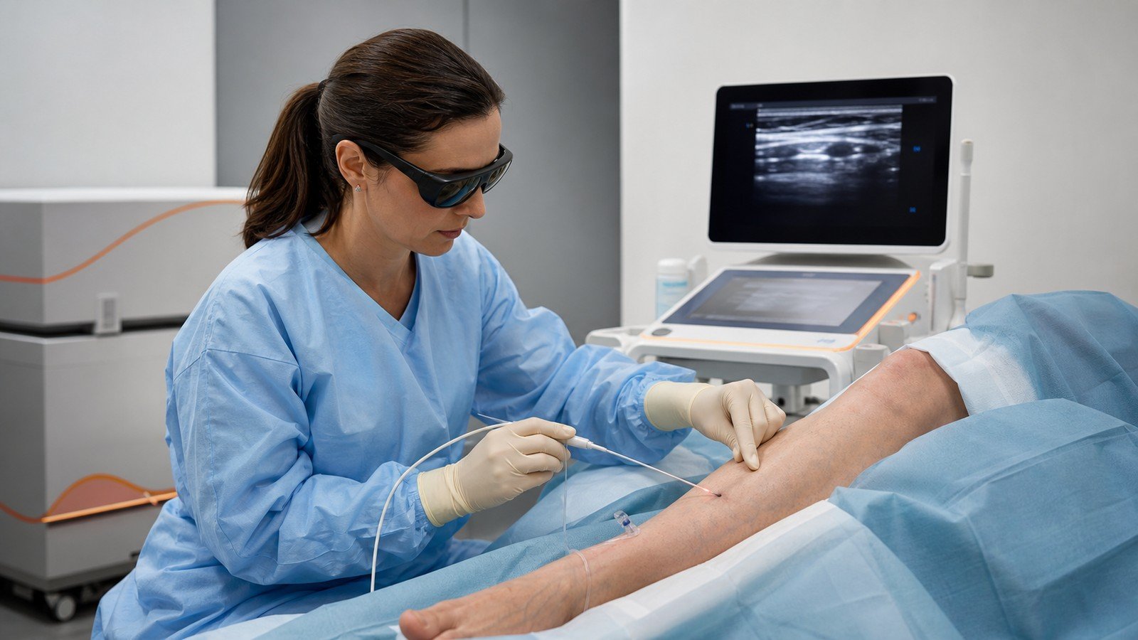 Woman vascular physician performing ultrasound-guided endovenous laser catheter treatment on a patient’s leg