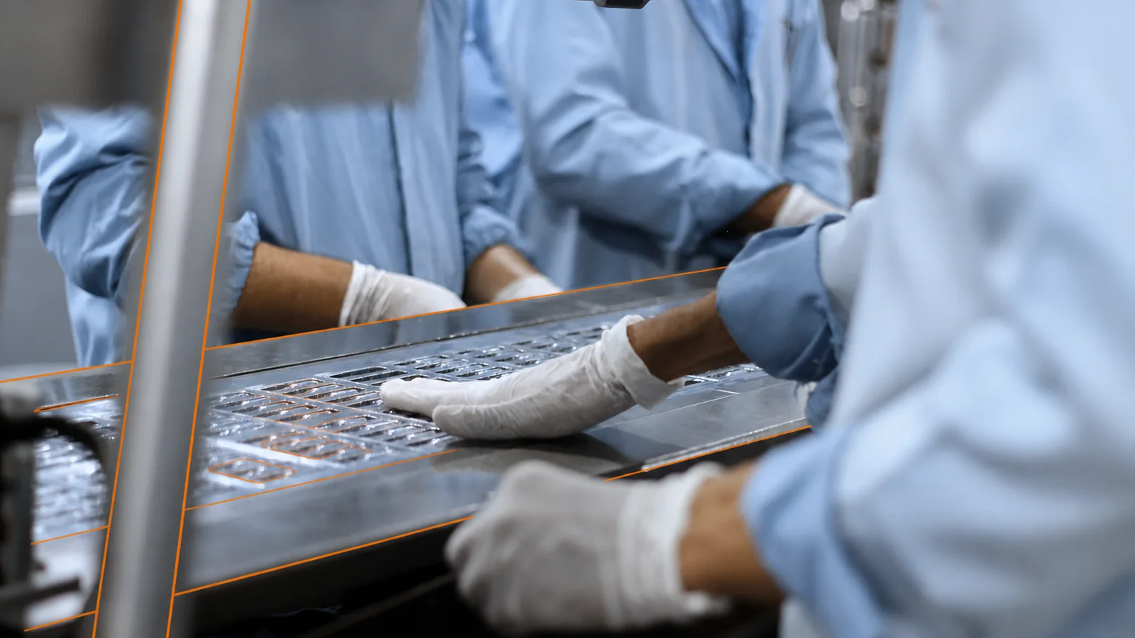 Controlled medical-device packaging and production records with technical orange contours
